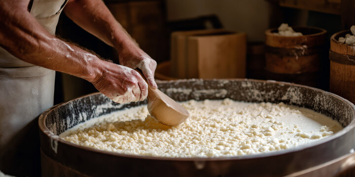 Traditional cheese-making process with a cheesemaker stirring curds in a large vat, in a rustic farmhouse kitchen.