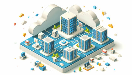 Obraz premium 3d Flat icon as Cloud computing infrastructure with data centers and servers concept as Vector illustration of cloud computing infrastructure showing data centers and servers interconnected in a netwo