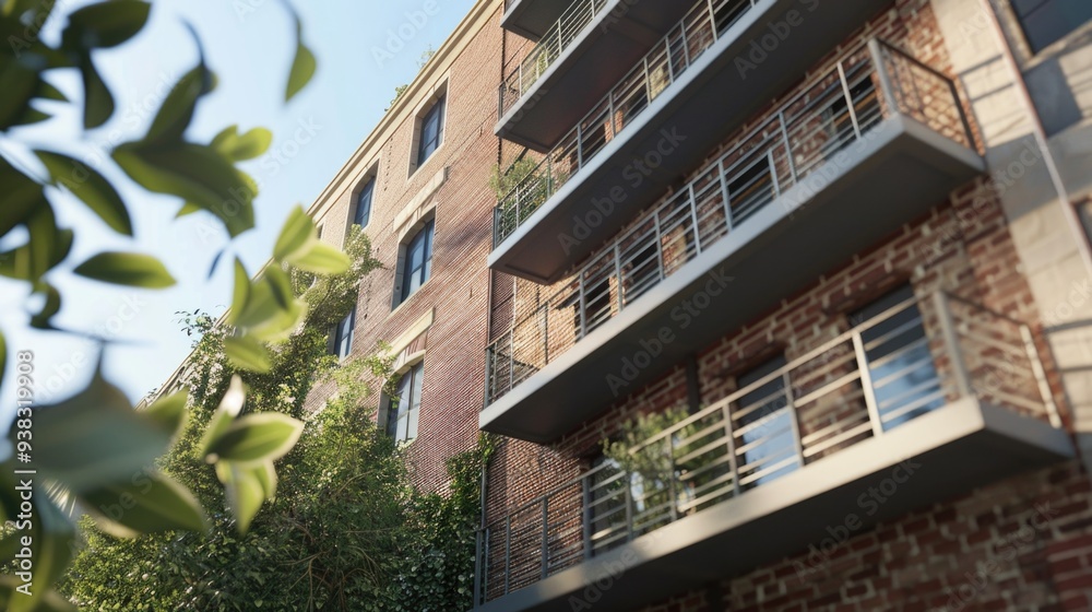 Poster A tall brick building with multiple levels of balconies, great for use in cityscape or architectural visuals