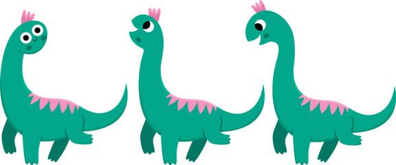 Vector brachiosaurus icon set. Cute dinosaur illustration for kids. Funny dino clipart collection for children isolated on white background. Cartoon prehistoric animal picture