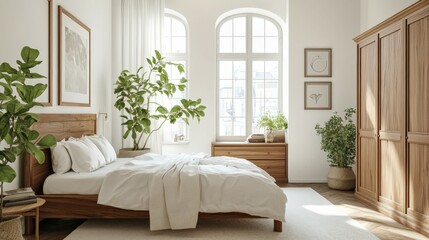 Fototapeta premium Bright and airy bedroom with plants and wooden furniture during the day