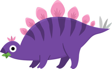 Vector stegosaurus icon. Cute dinosaur illustration for kids. Funny dino clipart for children isolated on white background. Cartoon prehistoric animal chewing leaves
