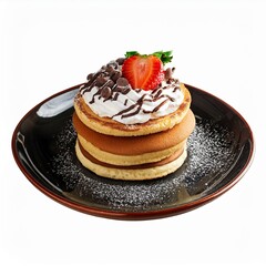 Set of Pancake with whipping cream, strawberry, and Choco chip topping on Toast bread on a white plate, top view isolated on white background