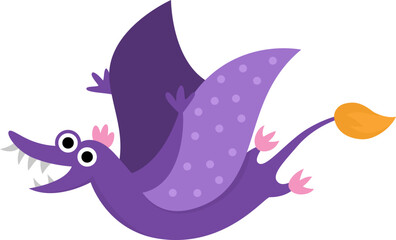 Vector pterodactyl icon. Cute dinosaur with wings illustration for kids. Funny dino clipart for children isolated on white background. Cartoon prehistoric animal picture. Flying purple pterosaur