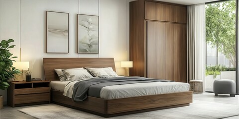 Modern bedroom with wooden furniture and large windows in daylight