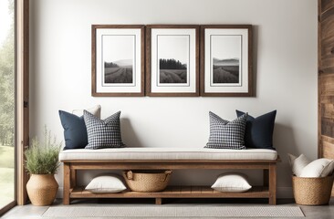 Wooden rustic bench with pillows against wall with two poster frames. Country farmhouse interior design of modern home entryway