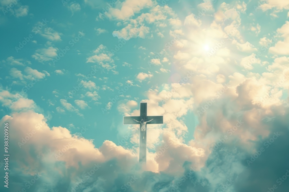Poster a cross suspended in the air with cloudy background