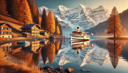 A autumn morning by serene Swiss lake, reflections of golden larch trees and snow-capped peaks are mirrored in water.jpeg