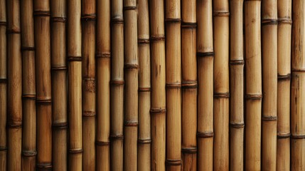 Fototapeta premium Natural bamboo wall with distinct textures and warm tones in sunlight