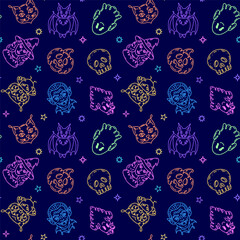 Seamless pattern with characters in doodle style on the theme of the Halloween holiday. Gradient colors.