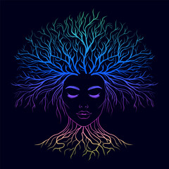 The face of a woman with a growing tree on her head. Gradient colors.