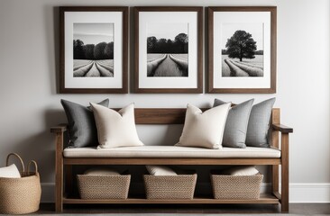 Wooden rustic bench with pillows against wall with two poster frames. Country farmhouse interior design of modern home entryway
