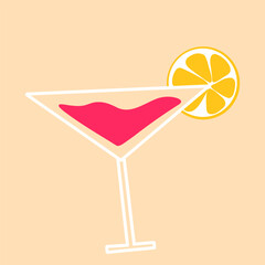 Martini cocktail with a lemon slice. Vector hand drawn