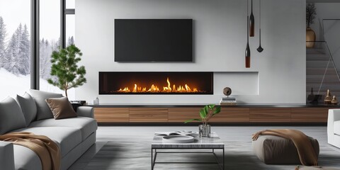 Modern living room with a wall-mounted linear fireplace, featuring a sleek design and vibrant flames, surrounded by minimalist decor.