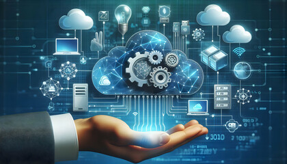 Photo realistic as Cloud computing and edge computing integration with network and device icons concept as Vector illustration showing integration between cloud computing and edge computing with netwo