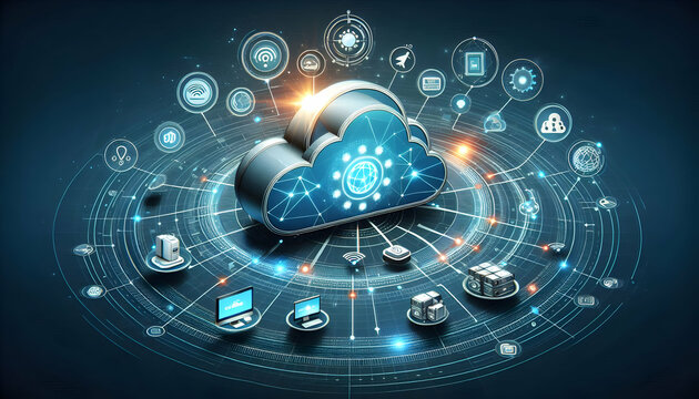 Photo realistic as Cloud computing and edge computing integration with network and device icons concept as Vector illustration showing integration between cloud computing and edge computing with netwo