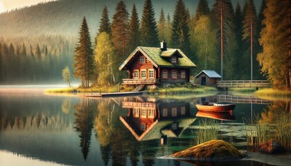 Fototapeta premium Tranquil morning at a small Finnish lake, where a log cabin stands on shoreline.jpeg
