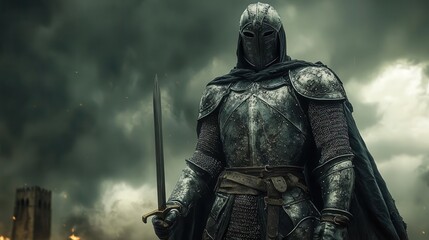 majestic knight in gleaming silver armor sword raised triumphantly against a dramatic stormy sky embodying courage and chivalry