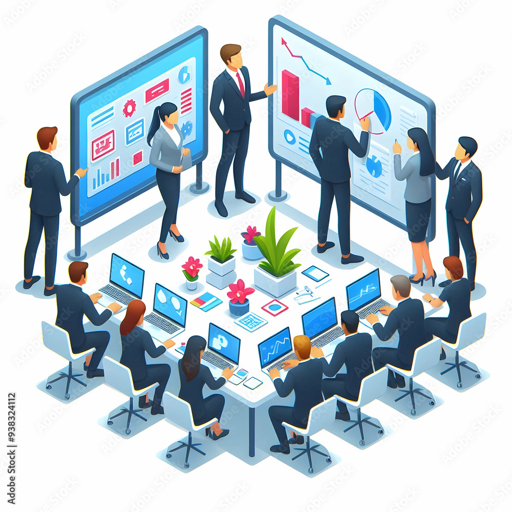 Poster 3d flat icon as business development team with blueprints and laptops concept as a business developm