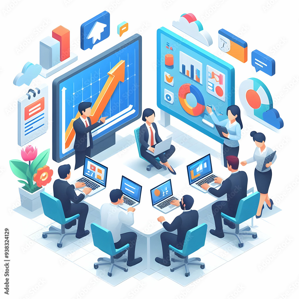 Poster 3d flat icon as business development team with blueprints and laptops concept as a business developm