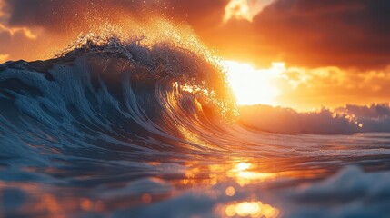 Obraz premium majestic ocean wave at the moment of breaking crystalclear water sunlight through curl spray mist power of nature concept