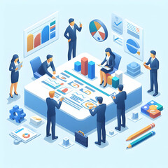 3d Flat icon as Business partners working on a project concept as A vector illustration of business partners working on a project together using charts and graphs with an 8 color palette to highlight 
