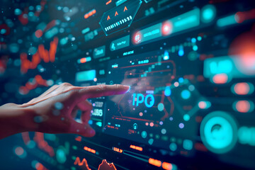 Fototapeta premium Interactive Touchscreen Tech: Smart Home, Cybersecurity, and Digital Interfaces in Modern Business. Person Pushing 'IPO' on a Touchscreen Interface. HD Landscape Wallpaper for Desktop PC
