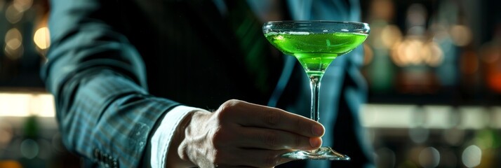 A confident male bartender holding a beautifully crafted green cocktail, showcasing mixology skills