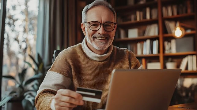  Elderly man in plaid shirt making an online payment while smiling