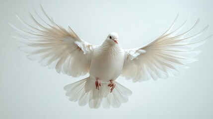 Obraz premium majestic white dove in midflight against a pure white background graceful wingspan and detailed feather texture captured in highkey lighting symbolizing peace and freedom