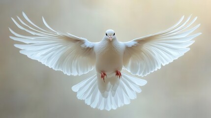 Fototapeta premium majestic white dove in midflight against a pure white background graceful wingspan and detailed feather texture captured in highkey lighting symbolizing peace and freedom