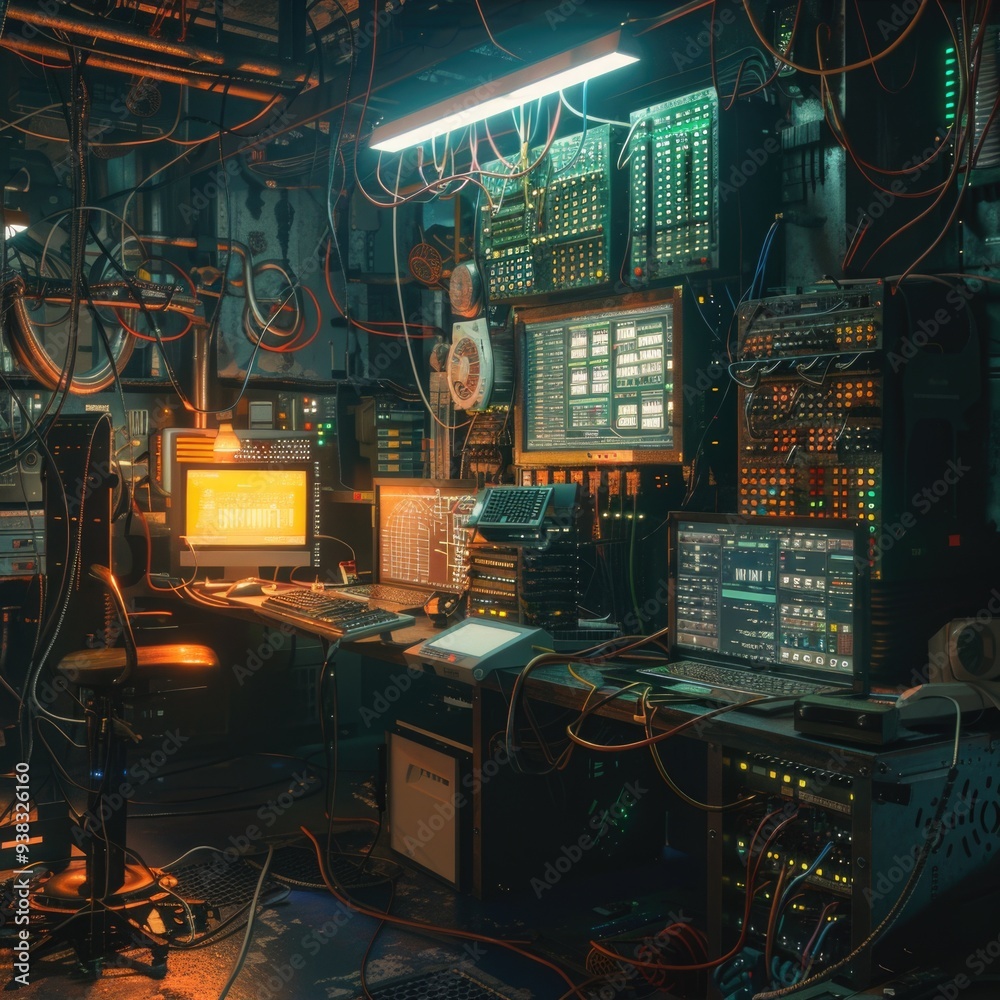 Poster a modern computer laboratory filled with various electronic equipment and devices