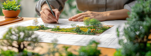 Person sketching a detailed landscape design with miniature trees on a desk, emphasizing creativity and precision in architectural or garden planning.