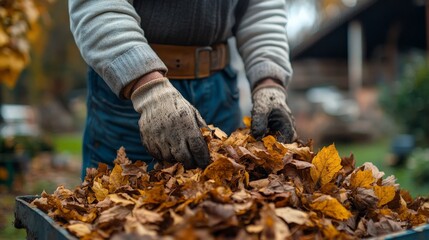 Obraz premium Person Raking Colorful Fallen Leaves in a Sunny Backyard