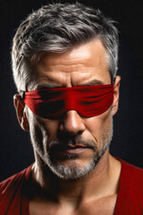 Portrait of a forty five years old man with a red band on his eyes. Mature middle-aged Man.Transience, the cycle of birth, life and death. A series of several illustrations.