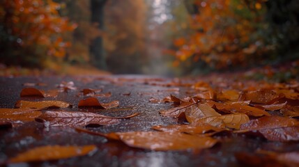 Fototapeta premium Close-up of wet, fallen autumn leaves on a forest path.