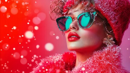 Winter Glamour Woman in Red Coat with Fur and Sunglasses with Snowfall. Winter Glam , Fashion in the Cold. 