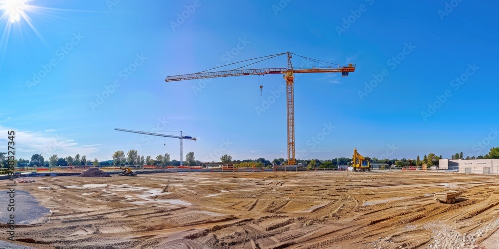 Poster A busy construction site with a crane operating in the background, providing a view of the site's activity
