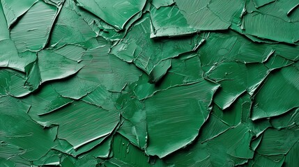 Abstract green textured background with thick, overlapping brushstrokes dynamic, dimensional surface reminiscent of fractured emerald plates.