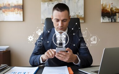 A photo of a businessman doing due diligence. He is using his smartphone and there is a due diligence icon on the virtualscreen.