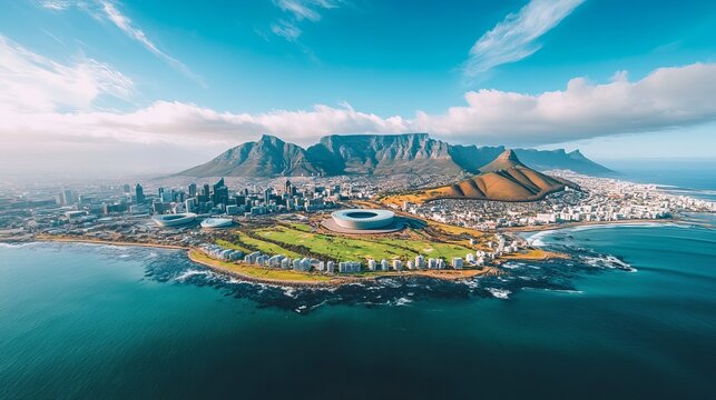 Overall aerial view of Cape Town, South Africa from helicopter wigth a view on Table Mountain and stadium