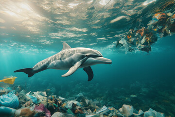 Obraz premium Dolphin swims in a sea of plastic waste.
