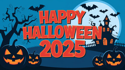 Happy Halloween 2025 card with pumpkins, bats, and a haunted house.
