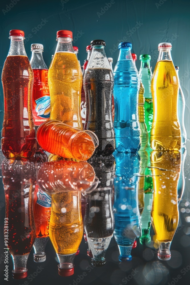 Poster collection of colorful soda bottles on shiny surface, perfect for advertisements or packaging design