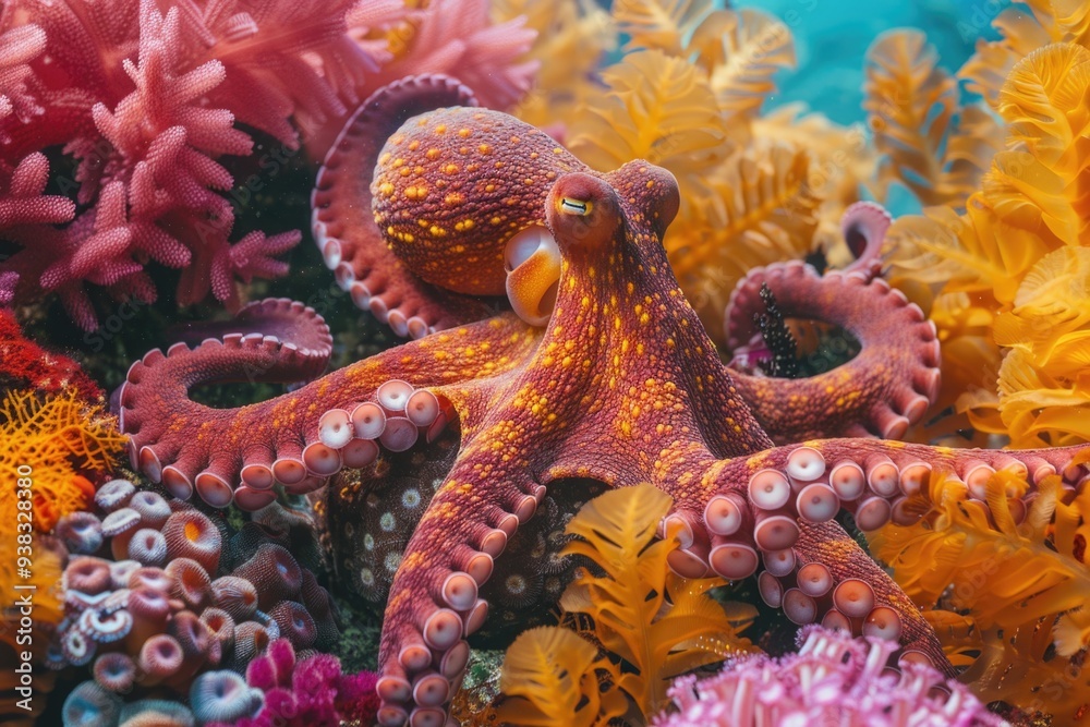 Poster A close-up view of an octopus sitting on a coral reef, surrounded by marine life