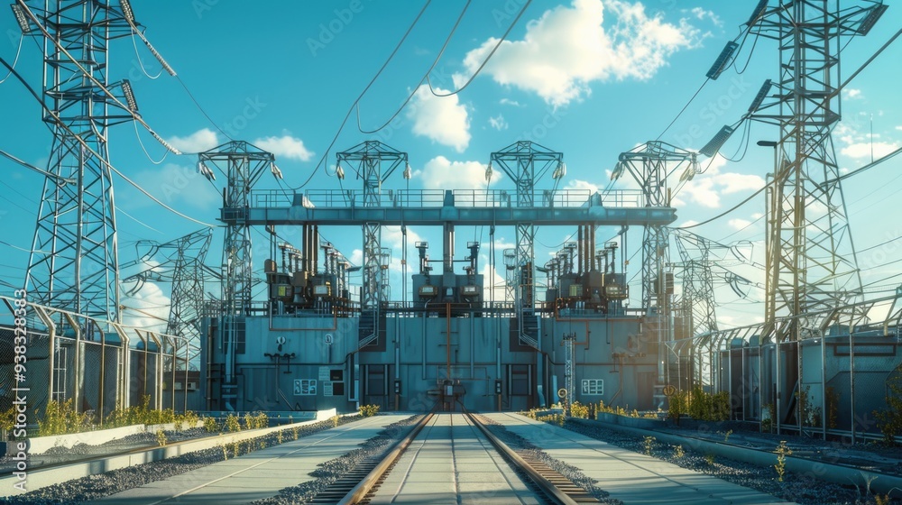 Poster image of a train station with power lines and electrical towers in the background