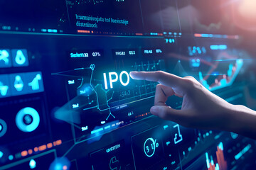Fototapeta premium Interactive Touchscreen Tech: Smart Home, Cybersecurity, and Digital Interfaces in Modern Business. Person Pushing 'IPO' on a Touchscreen Interface. HD Landscape Wallpaper for Desktop PC