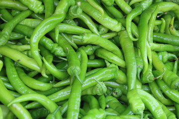 close up of green peppers on market