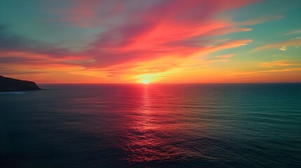 Obraz premium High-angle drone shot of a colorful sunset over the ocean.