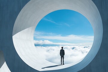 Man standing in futuristic circular window overlooking cloudscape, symbolizing exploration and...